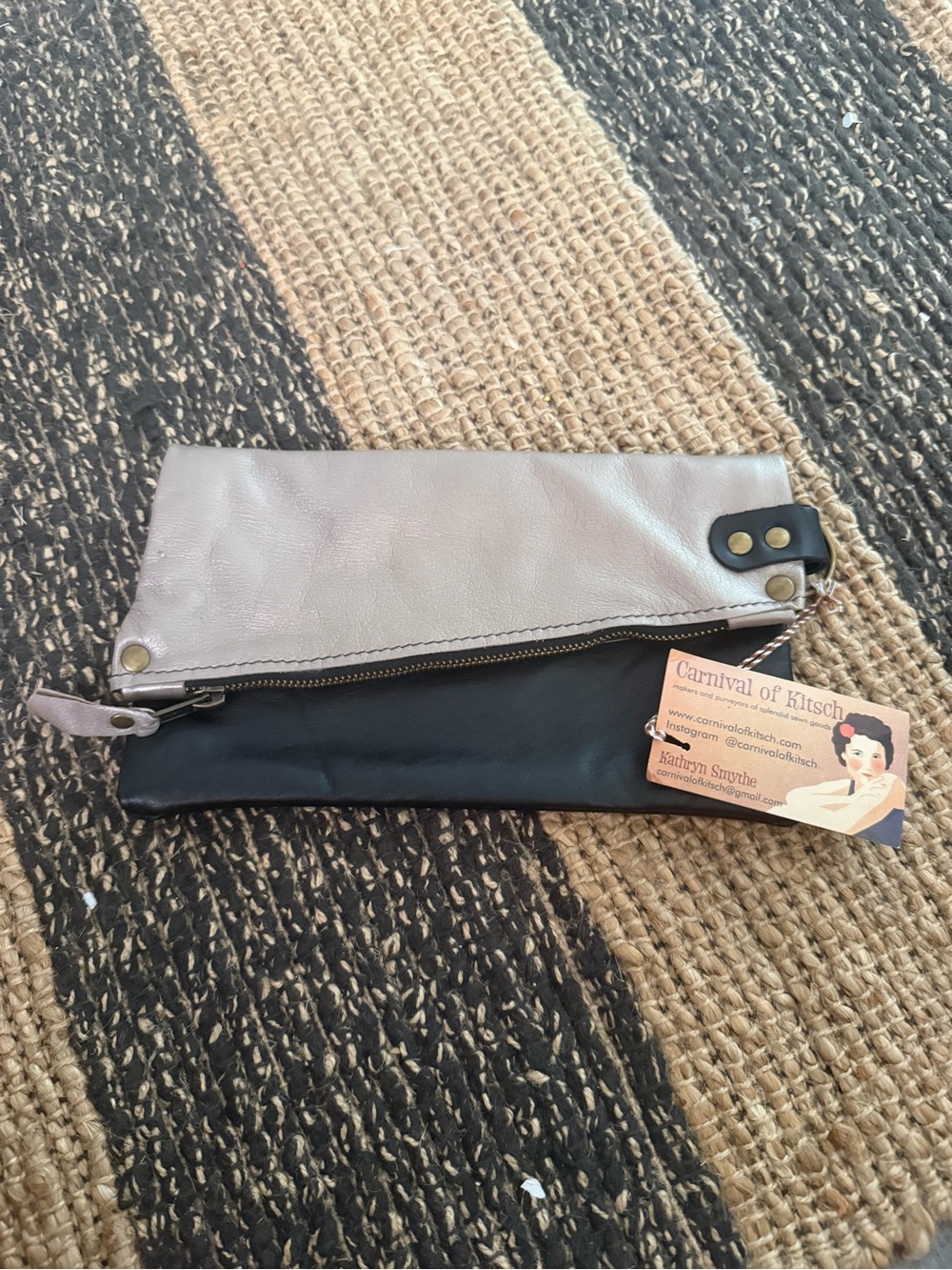 Two-Tone Foldover Leather Clutch - Black & Silver
